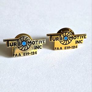 Two vintage Turbomotive Inc lapel pins gold tone FAA E19-124 brooch tie pin